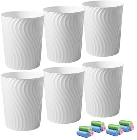 YGJT Lot de 6 Poubelles en Plastique avec 12 Rouleaux de Sacs Poubelle | LCorbeille à Papier 7 L - pour Bureau, Salle de Bain, Cuisine ou Chambre, Format Compact 24,9 x 20 x 16,5 cm Blanc