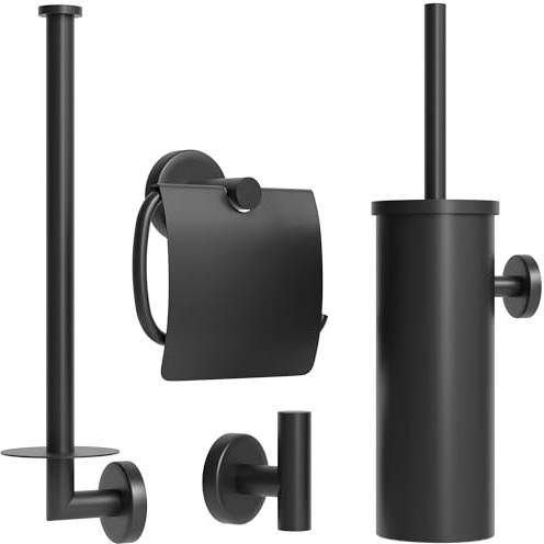 Avalo Toilettenzubehör Set Schwarz 4-teilig - Luxus-Toilettengarnitur - Toilettenbürste mit Halter/Toilettenpapierhalter/Ersatzpapierhalter/Handtuchhaken - inkl. Befestigungsmaterial