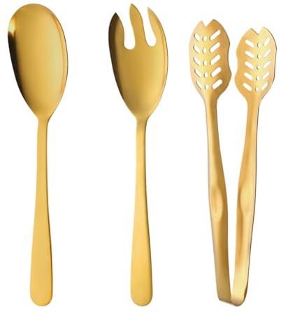 Ymeibe Cuillère à salade et fourchette en acier inoxydable avec pince à salade - Ustensiles de service robustes en métal à finition lisse pour la maison, la cuisine, les fêtes (doré)