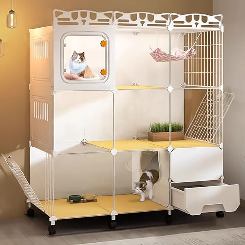 Pucaru Transparenter Katzenkäfig für den Innenbereich, Katzenvilla, DIY-3-stöckiger Katzenlaufstall für den Innenbereich für Kleintiere(107x47x112cm)