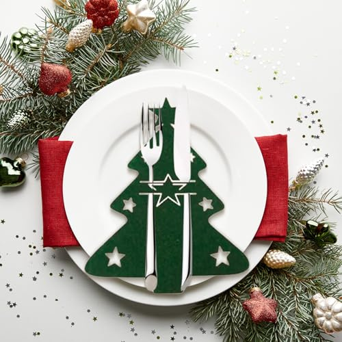 12 Stück Besteckhalter Weihnachten,Filz Bestecktasche Tischdeko Set | Weihnachtsbaum Besteck Deko, Bestecktaschen Tannenbaum, Weihnachts Tisch Besteckbeutel, für Weihnachtstisch Cutlery Messer