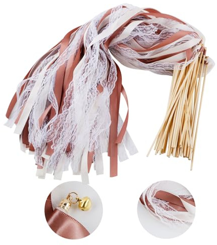 Luckwaii 50 Stück Wedding Wands Hochzeit Stäbe mit 100 Groß Glöckchen und 150 Luftschlangen Hochzeit, Seidenfeenstab Wedding Wands Fahnenstange Holz Zauberstab für Hochzeiten, Feiertagsfeiern