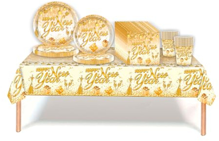 69 piezas de vajilla de fiesta de Año Nuevo, mantel de plástico, platos, vasos, servilletas, vajilla de oro blanco para decoraciones de Año Nuevo 2025