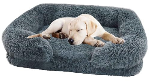 PJDDP Dog Bed with Luxury Fluffy Plush, Waterproof Dog Bed with Non Slip Bottom, Orthopedic Memory Foam Pet Bed, Washable Indestructible Dog Sofa for Small, Medium And Large Pets,dark gray,XXL