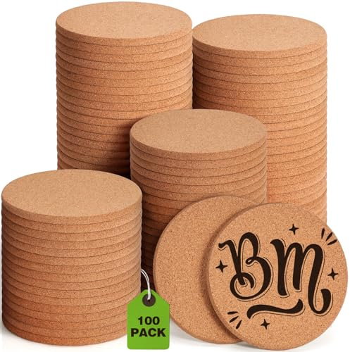 100 STK Kork-Untersetzer für Gravur, Dicke Saugfähige Blanko-Untersetzer | 10 cm Hitzebeständige Couchtisch Untersetzer Bulk Pflanz Untersetzer Wohndekor für Holzbrand, DIY, Hochzeit, Party, Rund