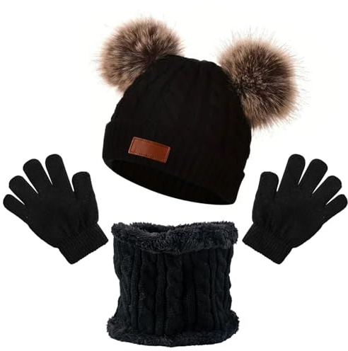 MUNSKT 3Pcs Kids Winter Warm Beanie Hat Scarf Gloves Set for 1-5 Years Old Boys Girls. Winter Accessories Sets for Children Outdoor Sports, Knit Thick Warm Fleece Lined Thermal Sets (Black 2)