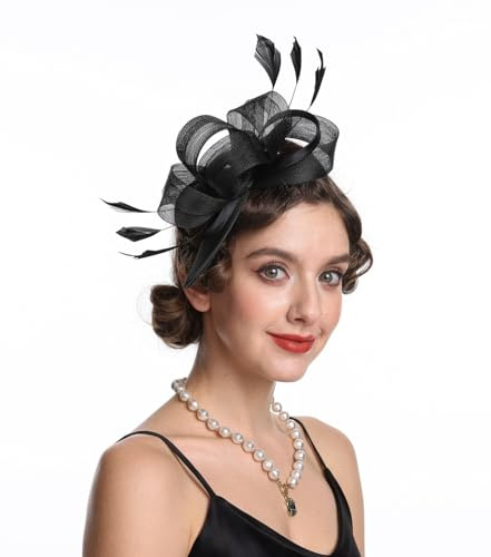 Sinamay Blomma fjäder pannband fascinator bröllop huvudbonader damer race kunglig ascot pillerlåda bröllop cocktail te party derby hatt för kvinnor, B4-Svart, M