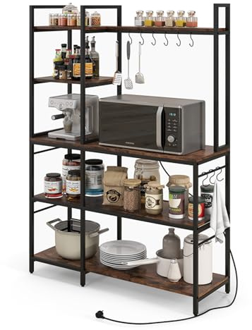 GOPLUS Étagère Ranement Cuisine à 5 Niveaux, Station de Charge, Industriel | Meuble Micro-Onde avec 10 Crochets, Cadre en Métal, Prise, USB & Type C, 6 Pieds Réglables, 107x37x160CM