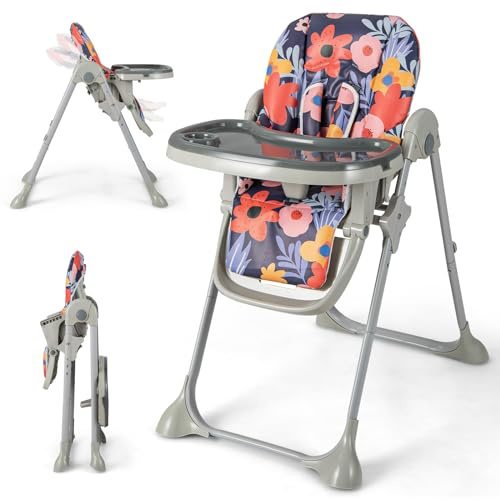 GOPLUS Trona para Bebé, Trona Plegable Ajustable con Bandeja Extraíble, Respaldo Ergonómico, Arnés de 5 Puntos y Ruedas, Silla para Comer para 6-36 Meses, Capacidad 9KG (Multicolor)