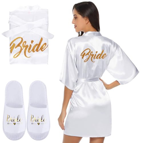 Moiuguli Morgenmantel für Hochzeit, Satin Braut/Brautjungfern Bademantel V Ausschnitt, Bride/Brautjungfern Bademantel mit Gürtel Hausschuhe Braut&Brautjungfer Kimono für Hochzeit Party