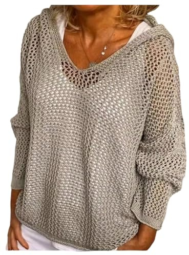 Verdusa Women's Hollow Out Crochet Beach Sweater Long Sleeve Hoodies Pullover Knitwear Cover Up Summer Tops Grey Medium