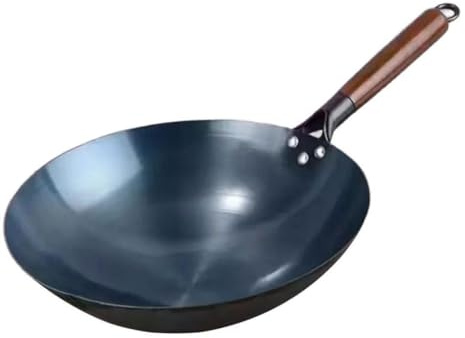 Ronyme Sartén Wok Antiadherente de Hierro Fundido Mango de Madera Ergonómico Superficie Sin Recubrimiento Que Permite Cocinar Más Sano Fácil Uso en Estufas Y, 40CM