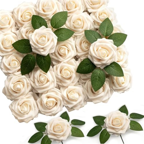 50 Champagner Künstliche Rosen Blumen Deko, 8cm Durchmesser Rosen Geeignet für Autoschmuck Hochzeit Tortendeko Blumen Muttertag Deko Wedding Decoration Blumen Dekos Kunstblume Kunstrosen