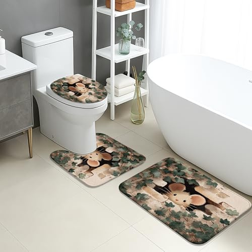 Juego de tapetes de baño de primavera de 3 piezas, diseño de ratón y hiedra, absorbentes, antideslizantes, en forma de U, lavables, vintage, de secado rápido, de espuma viscoelástica