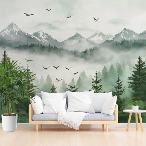 Gaqinhh Oiseau Montagne Jungle Papier Peint Intissé, Forêt Aquarelle Papier Peint 3dPaysage Naturel Tapisserie Panoramique Salon Chambre Enfant Adulte Fille Salle de Bain, 200 x 140 cm