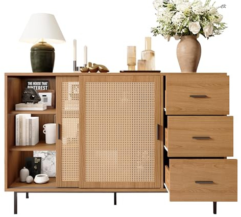 NovaFurnish Aparador con 2 puertas correderas y 3 cajones con estantes ajustables, aparador de estilo rústico, adecuado para salón y comedor. Dimensiones: Ancho 140 x 37 x 91 cm