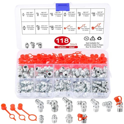 HonQiShiMY Set da 118 Pezzi di Ingrassatori, Filettatura M6 M8 M10 con Ingrassatori Diritti/45°/90° a Cono e Capsule Protettive, Accessorio Pistola per Grasso per Manutenzione e Riparazione di Veicoli