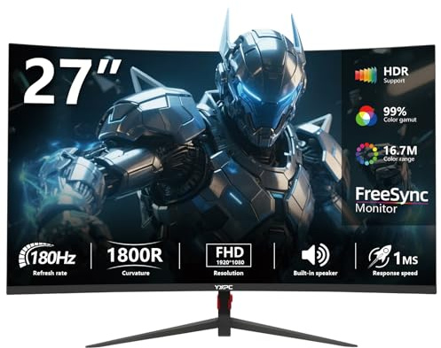 YXPC 27 inch Curved Gaming Monitor 180Hz FHD 1080p, 1ms VA Display, 1800R,FreeSync Premium, Borderless Design, Eye Care, Built-in Speakers, HDMI/DisplayPort, PC Office Monitor for Working and Gaming