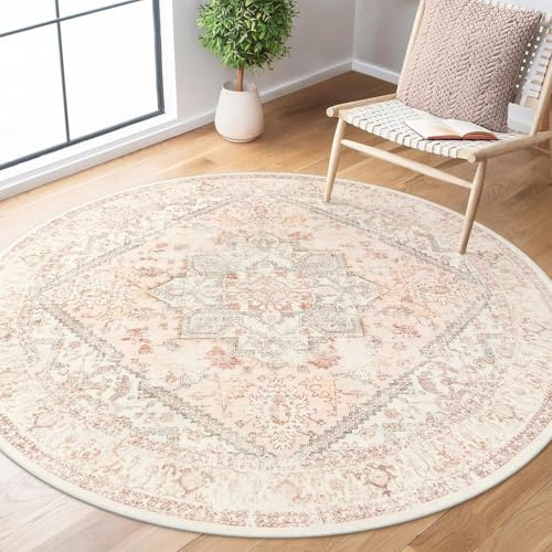 Generisch Teppich Rund,Vintage Blumenmuster Orientalisch, Rosa, ø 200 cm, Großer Kurzflor Teppiche für Wohnzimmer Schlafzimmer Esszimmer Küche,