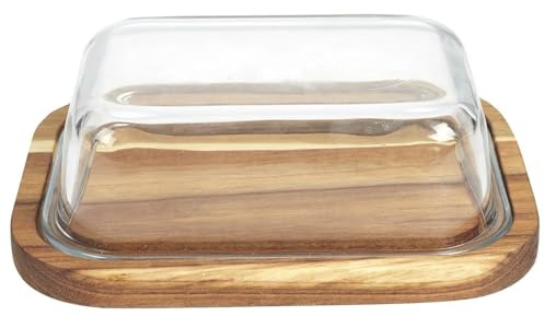 HowHomely | Mantequillera Aria madera de acacia con tapa de cristal, recipiente para mantequilla, mantequera de madera, accesorio de mesa de desayuno, almacenamiento de cocina