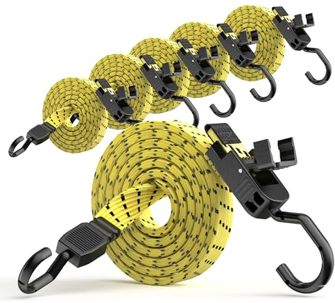 Rugtol Verstellbar Spanngummi mit Haken, 120cm Expander mit Schnellverschluss-Schnalle und Metallhaken 6er Set, Flach Gepäckspanner Gelb, Extra Stark Gummispanner für Sonnensegel, Fahrrad, Tarps