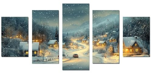 AMXBZC 5 pezzi Natura Paesaggio invernale 5 pezzi Capanna dell'Albero Invernale Grande Quadro su Tela -Inverno nel Parco -Quadri Moderni Paesaggio - Stampe Soggiorno(Beige)-60x125cm Non incorniciato