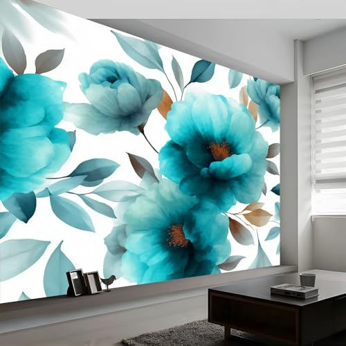 Carta da Parati Panoramica 3D Acquerello Blu Verde Fiori, Carta da Parati Murale Stile Vintage per Soggiorno Camera da Letto Cameretta - Decorazione Murale Fotografica 250L x 175A cm