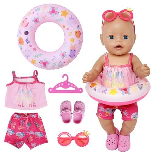 Atomvia 6-Teiliges Puppenkleidung 43 cm Schwimm-Set für Puppen Schwimm-Set für Puppen Badeanzug Puppen Rosa mit Schwimmring Schuhe Kleiderbügel und Sonnenbrille