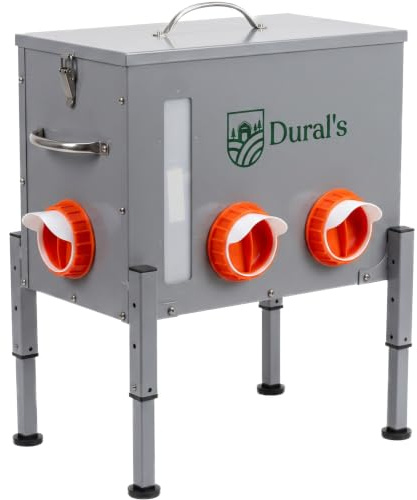 Dural's® Futterautomat Hühner Rattensicher 18 kg – Großer Hühner Futterspender & Futtertrog aus verzinktem Stahl, 6 Futteröffnungen & Füllstandsfenster – Geflügel, höhenverstellbare Beine