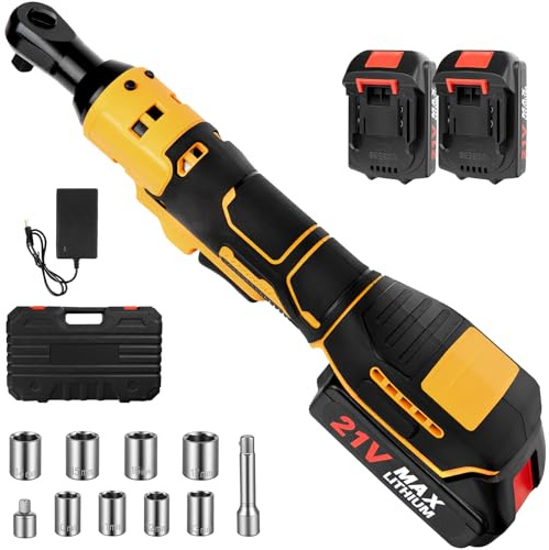 Capsste 3/8'' Cordless Electric Ratchet Wrench 60FT-LBS (80N.m) Electric Ratchet with 21V 2 X 2.0Ah Battery, 400 RPM Chargeable Power Ratchet Driver Set with 8 Sockets,1/4 Adaptor, 3 Extension Bar