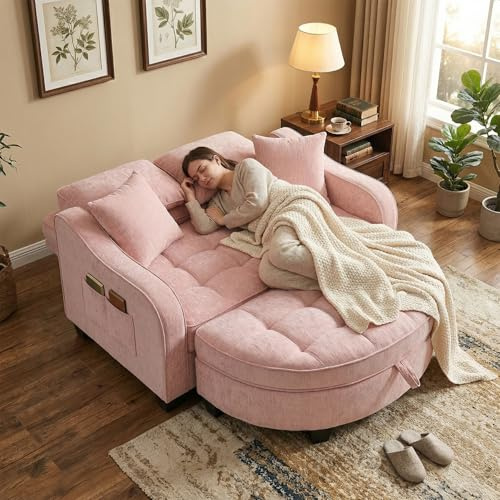 AliSefaiy Schlafsofa Klein,Sofa Mit Schlaffunktion132×129×93cm (Rosa) | 2-In-1 Couch Klein With Aufbewahrungs-Hocker&4 Kisse&Seitenfach-Aufbewahrung Für Kleine Wohnzimmer/Studienzimmer/Schlafzimmer