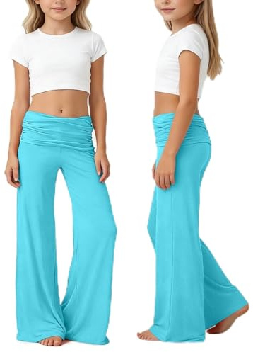 Generico Coral Fold Over Yoga Pants da Ragazze 5-14 Anni Sciolto Elasticità Pantaloni Yoga con Arricciatura Uni Corals Pants Fold-Over Corallo Pantalone Palazzo Ripiegabili a Piega