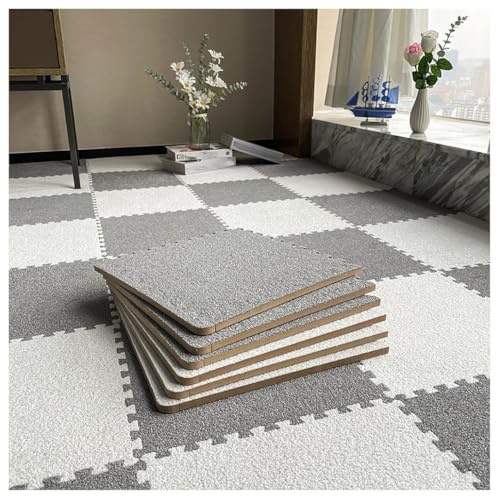 Ineinandergreifende Schaumstoff-Teppichfliesen PlüSch-Puzzle-Schaumstoff-FußMatten Mit Rand Rutschfester Teppich Für Den Raumboden Für Alle Jahreszeiten Geeignet(Light Gray+White,10 pcs)