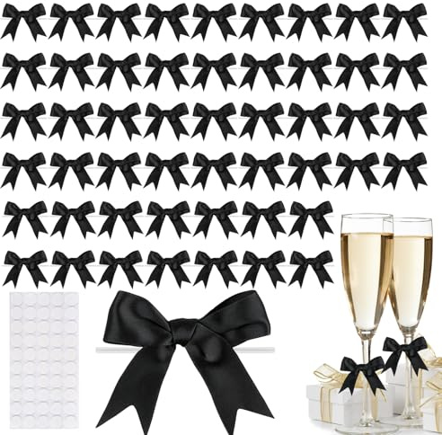 UYXiNONE Lot de 50 nœuds pré-fabriqués de 9 x 8 cm avec pastilles adhésives, nœuds en ruban de satin auto-adhésifs pour emballage cadeau, décoration de mariage, décoration de sapin de Noël (noir)