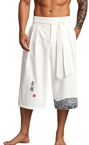 Générique Pantalon Hakama Homme en Lin Pantalons Large Style Japonais Traditionnel Sarouel Harajuku Taille Élastique Pantalon Streetwear Décontracté pour Quotidien et Loisirs