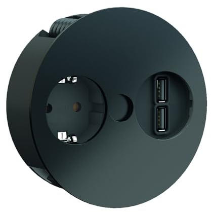 BACHMANN Einbausteckdose TWIST 1x Steckdose mit 2x USB A 2m Kabel Tischsteckdose für Küche und Büro Schwarz 931.131 (Nur 40mm Einbautiefe und integrierter Wasserablauf)