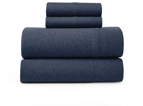 Road Trip America Jersey Knit Sheet Set - 4 Pieces Queen Cotton Sheets Set - Soft Cozy Stretchy Knit Bed Linen (Navy Blue, Queen)