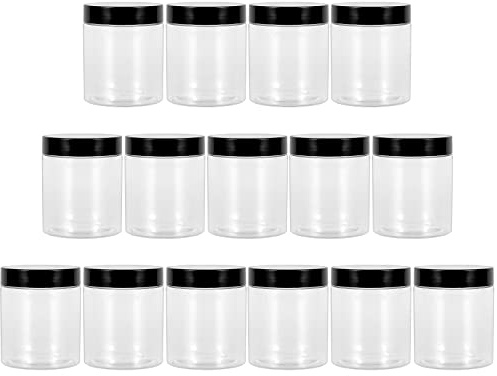 Yishik 15 Pack Round 8oz Plastic Jars with Black Lids | Refillable PET Clear Storage Jars for Slime Making,Cosmetic,DIY Crafts,Kitchen Storage(40 labels as gift)