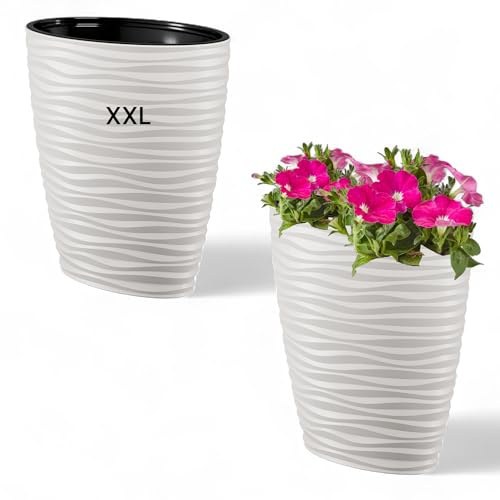 MELTOM XXL Pflanzkübel Slim Oval 3D Effekt - Wellen - Farbe: Weiß mit Herausnehmbaren Einsatz, H: 60 cm