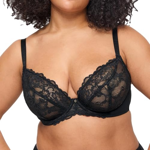 Ann Summers Sexy Lace Fuller Bust DD+ Non Padded Plunge Bra, DD-H Cup, Curve-Enhancing Womens Underwear with Underwire Support, Sheer Lace Cups & Power Mesh Wings Black - Womens Lingerie