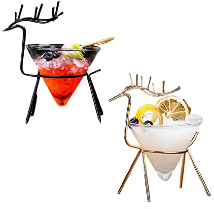 VKTY Stemless Martini Glasses Set of 2 Cocktail Glasses with Deer Shape Holder Creative Bar Drinkware Martini Glass Gift Set for Margarita, Cosmopolitan, Manhattan Cocktails