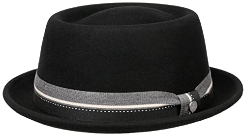 LIERYS Wandricks Pork Pie Wollhut Schwarzer Klassischer Filzhut mit Garniturband Wasserabweisend Damen Herren Herbst Winter schwarz S (54-55 cm)