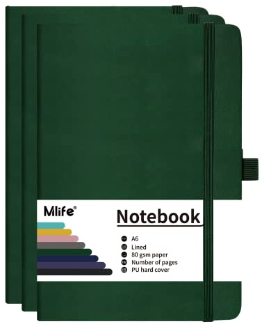 Mlife 3pack A6 Klein Journal Anteckningsbok, 192 Sidor, A6 Anteckningsbok Mini Hardcover Med Elastisk Stängningstejp Och Vikbar Ficka(Grön)