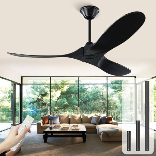 MSHENUED Deckenventilator Holz Ohne Beleuchtung, Schwarz Deckenventilator Groß 178cm, Outdoor Deckenventilator Leise, Timer, DC-Motor, Sommer-Winterbetrieb, Speicherfunktion, Schräge Installation