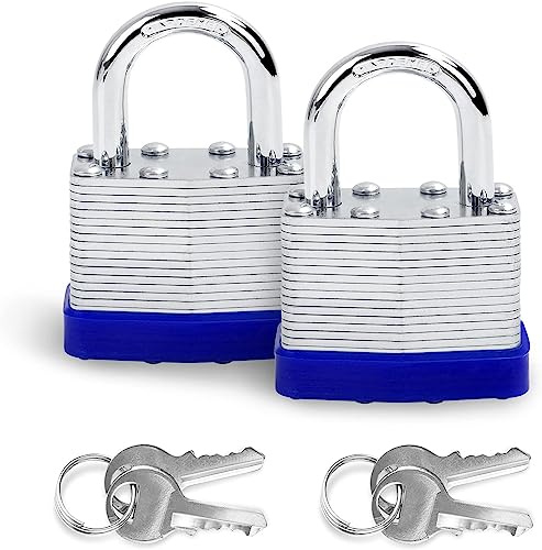 Aila Keyed Padlocks, Padlocks Outdoor Weatherproof 2Pcs Heavy Duty Shackle Padlocks with Keys Long Shackle Pad Lock for Outdoor Garden Shed Garage Fence Storage Units, Blue