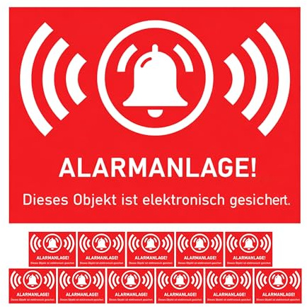 Aufkleber Set ALARMANLAGE! Dieses Objekt ist elektronisch gesichert., 12 Stück, 5 x 3,5 cm, selbstklebende Folie, außenklebend, Warnhinweis Sticker Innen- und Außenbereich, Alarm Anlage Klebesticker
