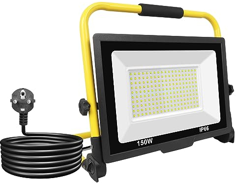 RIGIDON 150W Faretto LED da Cantiere, 15000LM Faro LED Portatile con Cavo 3M Rotazione 180° con Staffa Pieghevole Lampada da Lavoro Proiettore LED Impermeabile per Esterno Lavori Officina e Garage