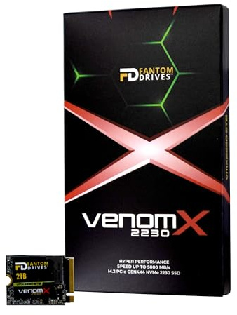 Fantom Drives VenomX SSD M.2 2230 NVMe da 2 TB, PCIe Gen4 x 4, velocità di lettura fino a 5100 MB/s, unità a stato solido interna per PC e console di gioco