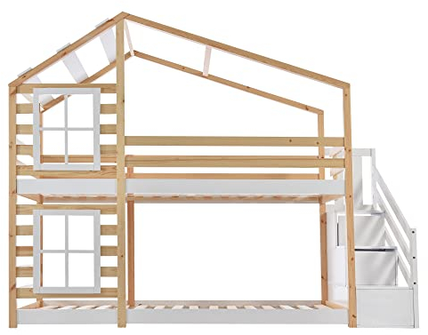 I0I&I0I Kinderbett Baumhaus mit Schublade und Rausfallschutz 90 x 200 cm, Hochbett für Kinder– 2X Lattenrost- Sicher und Stilvoll (Natur & Weiß)