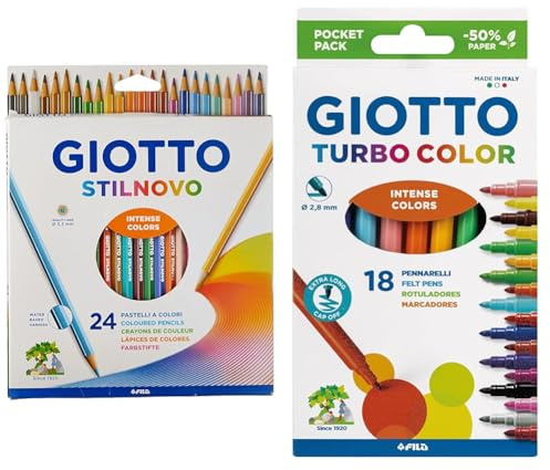 Giotto Stilnovo Astuccio Da 24 Matite A Pastello Colorate, 3.3Mm, Multicolore, ‎24 Unità (Confezione da 1) & Turbo Color 18 Pennarelli Punta Fine Colori Assortiti Ricambio Astuccio